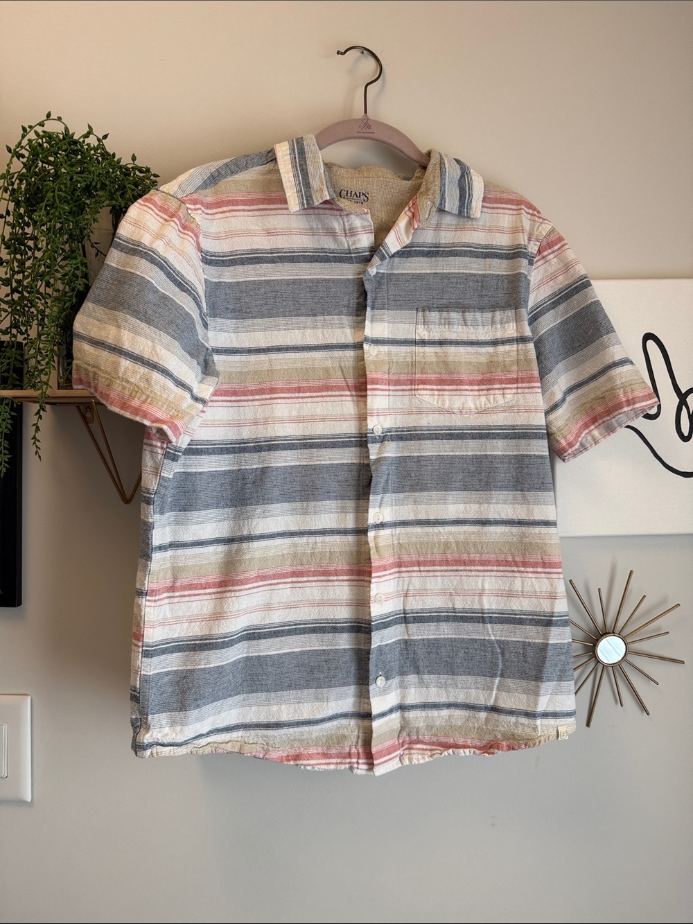 Chaps Short-Sleeve Button-Down Shirt in Blue, White, Pink Stripes